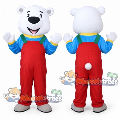 White Polar Bear Mascot Costume with Red Overalls and Striped Shirt