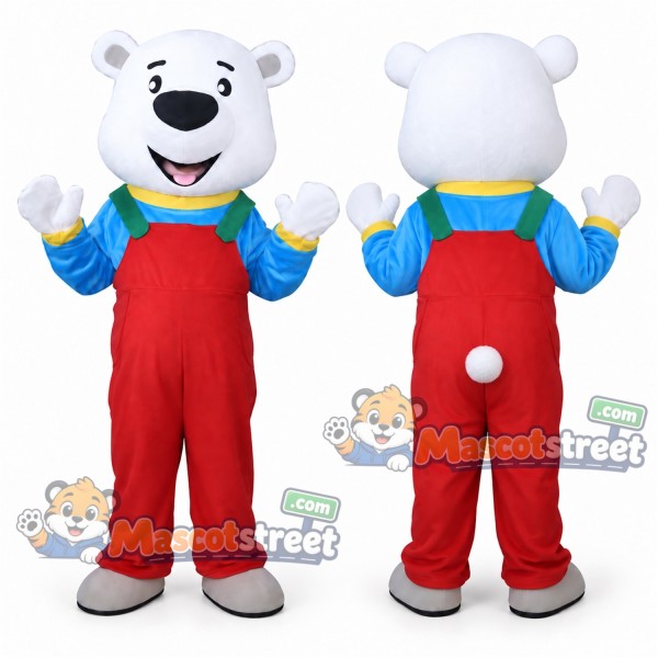 White Polar Bear Mascot Costume with Red Overalls and Striped Shirt