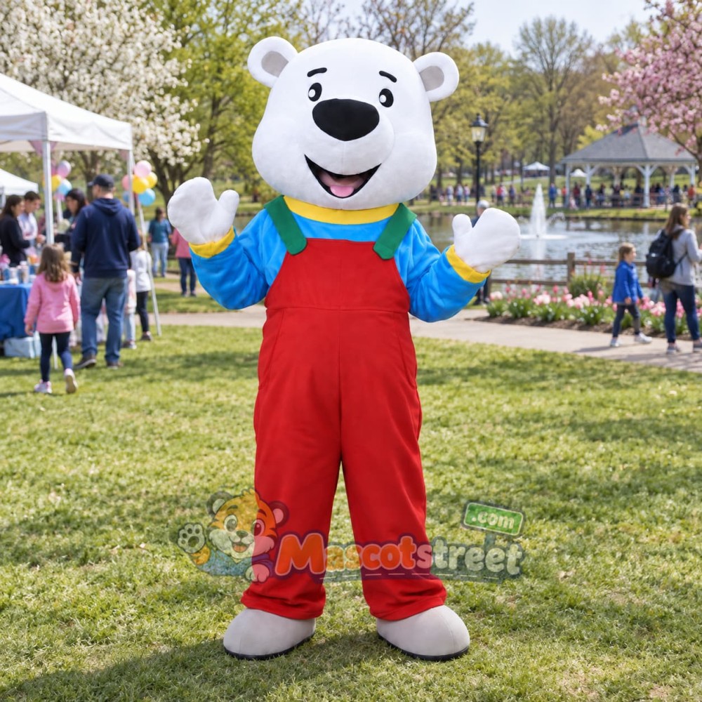 White Polar Bear Mascot Costume with Red Overalls and Striped Shirt