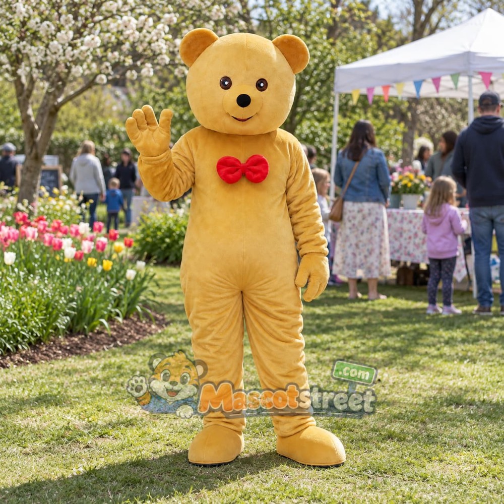 Golden Bear Mascot Costume with Red Bow Tie