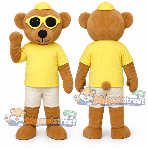 Brown Bear Mascot Costume with Yellow Shirt, Cream Shorts, Sunglasses and Yellow Cap