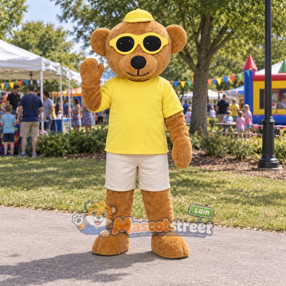 Brown Bear Mascot Costume with Yellow Shirt, Cream Shorts, Sunglasses and Yellow Cap Brown Bear Mascot Costume with Yellow Shirt, Cream Shorts, Sunglasses and Yellow Cap