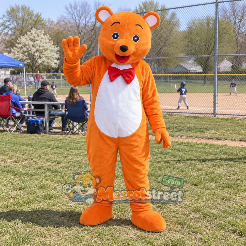 Orange Bear Mascot Costume with Red Bow Tie Orange Bear Mascot Costume with Red Bow Tie