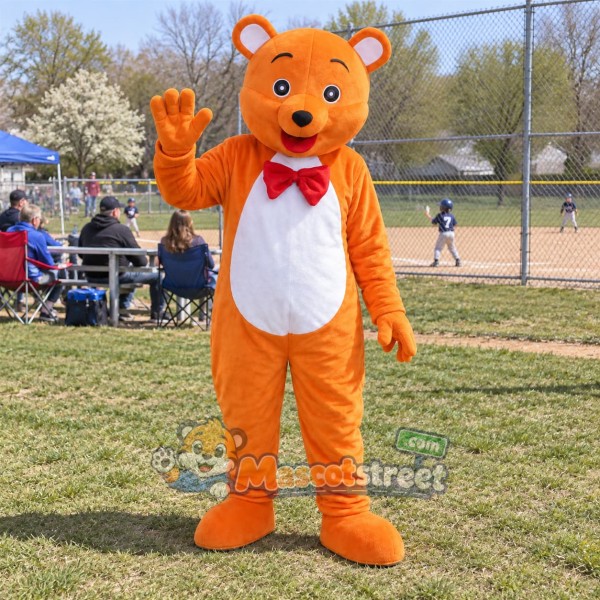 Orange Bear Mascot Costume with Red Bow Tie