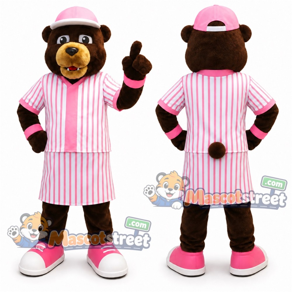 Brown Bear Mascot Costume with Pink Striped Outfit and Pink Cap Brown Bear Mascot Costume with Pink Striped Outfit and Pink Cap