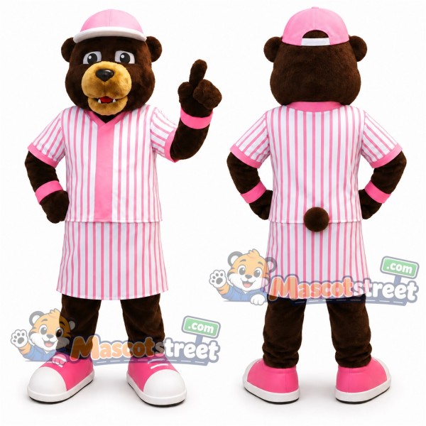 Brown Bear Mascot Costume with Pink Striped Outfit and Pink Cap