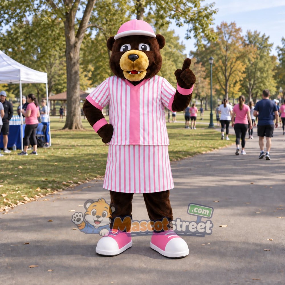 Brown Bear Mascot Costume with Pink Striped Outfit and Pink Cap Brown Bear Mascot Costume with Pink Striped Outfit and Pink Cap