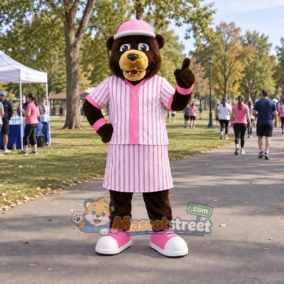 Brown Bear Mascot Costume with Pink Striped Outfit and Pink Cap Brown Bear Mascot Costume with Pink Striped Outfit and Pink Cap