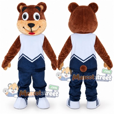 Brown Bear Mascot Costume with White Vest and Navy Pants