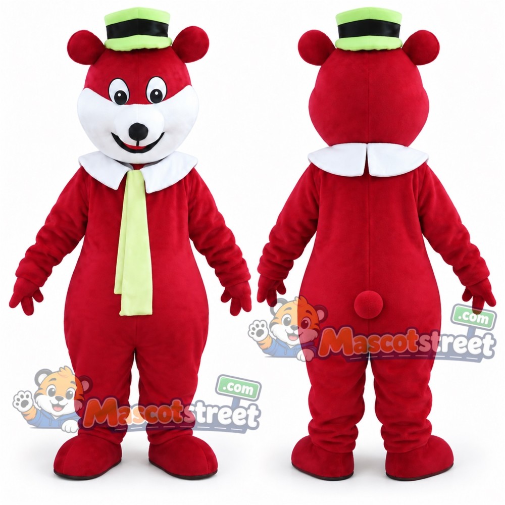 Red Bear Mascot Costume with Yellow Tie and Green Hat Red Bear Mascot Costume with Yellow Tie and Green Hat