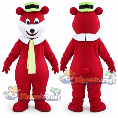 Red Bear Mascot Costume with Yellow Tie and Green Hat Red Bear Mascot Costume with Yellow Tie and Green Hat