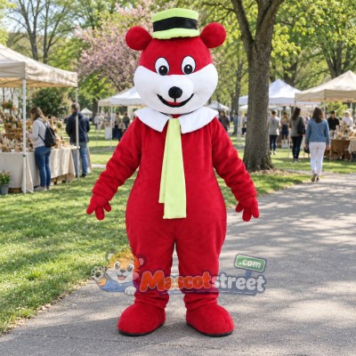 Red Bear Mascot Costume with Yellow Tie and Green Hat Red Bear Mascot Costume with Yellow Tie and Green Hat
