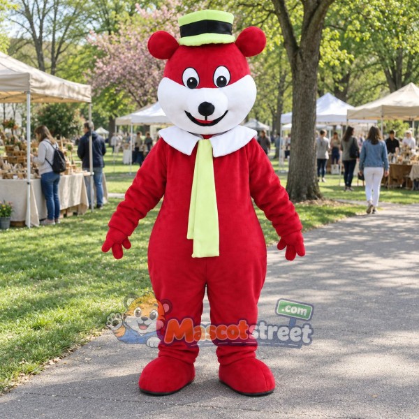 Red Bear Mascot Costume with Yellow Tie and Green Hat