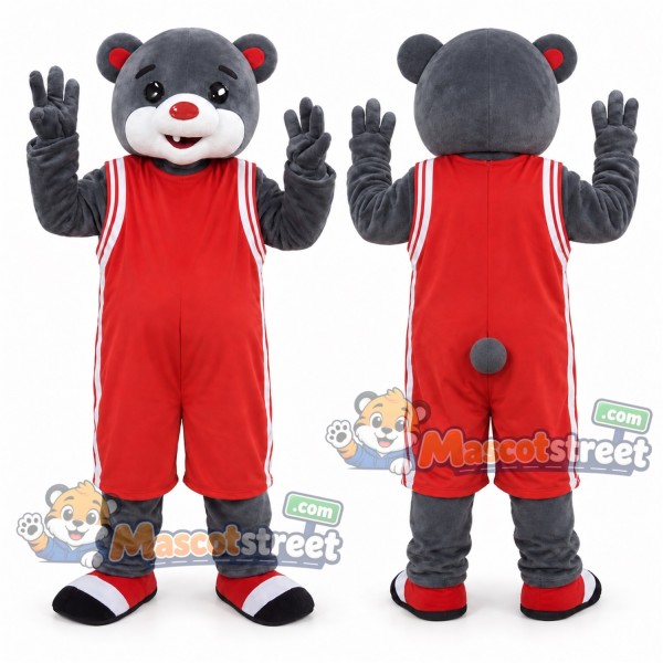 Gray Bear Mascot Costume with Red Overalls