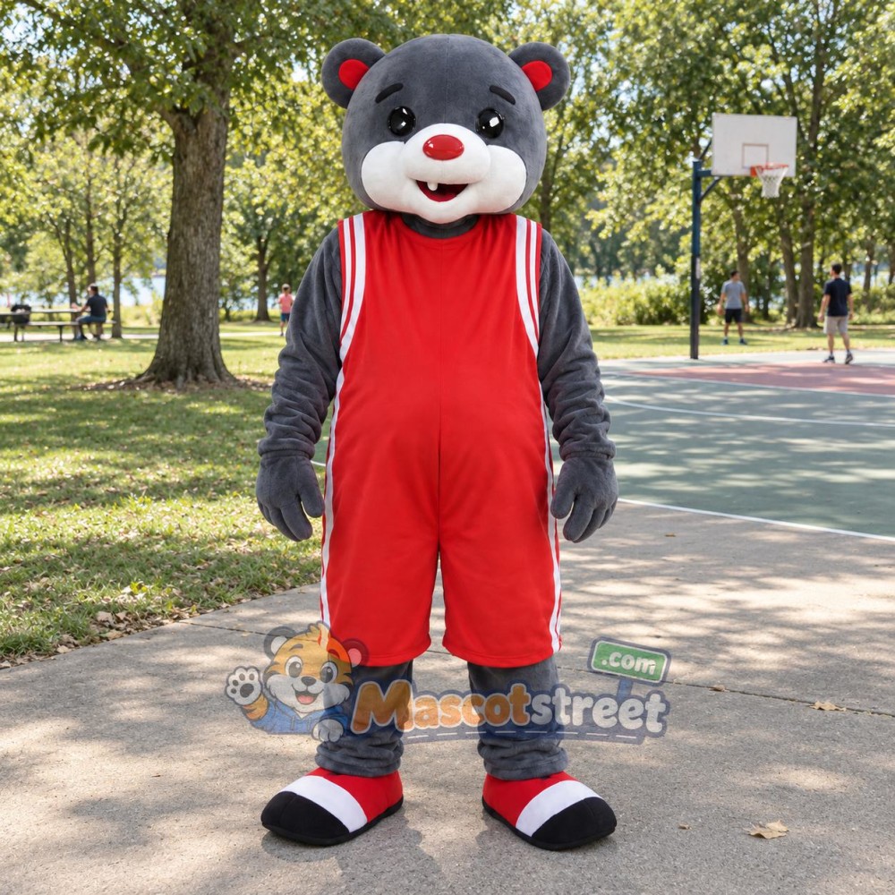 Gray Bear Mascot Costume with Red Overalls