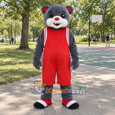 Gray Bear Mascot Costume with Red Overalls