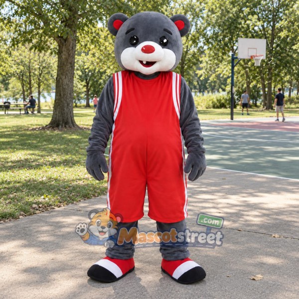 Gray Bear Mascot Costume with Red Overalls