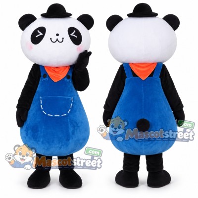 Panda Mascot Costume with Blue Dress and Orange Neckerchief Panda Mascot Costume with Blue Dress and Orange Neckerchief