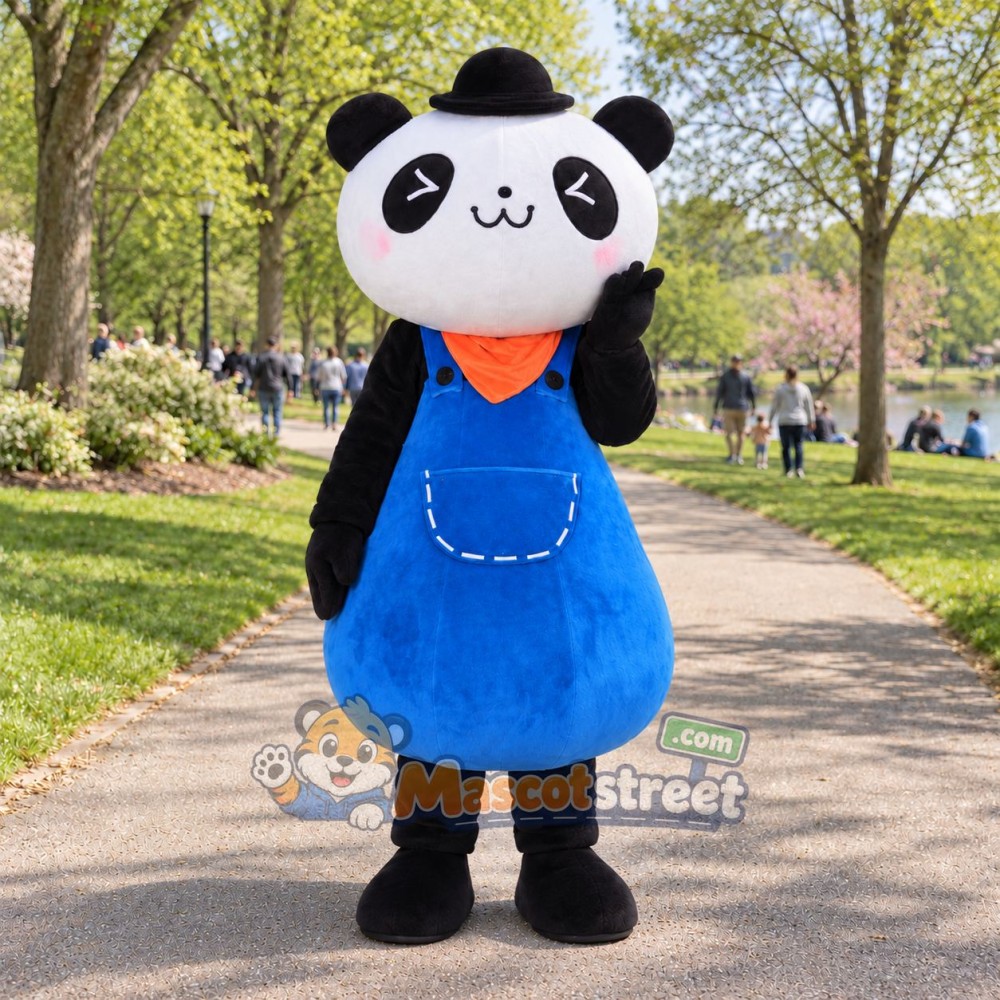 Panda Mascot Costume with Blue Dress and Orange Neckerchief Panda Mascot Costume with Blue Dress and Orange Neckerchief