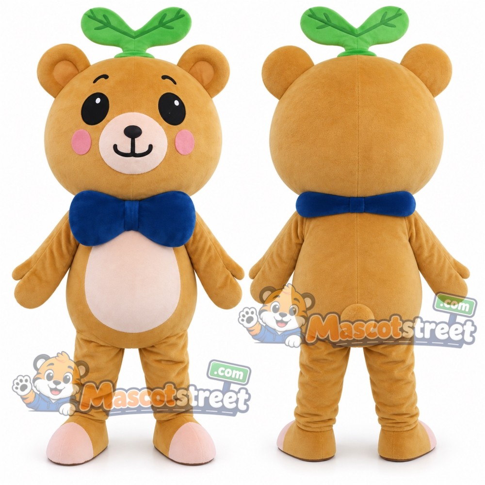 Tan Bear Mascot Costume with Blue Bow Tie