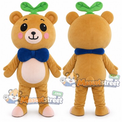 Tan Bear Mascot Costume with Blue Bow Tie