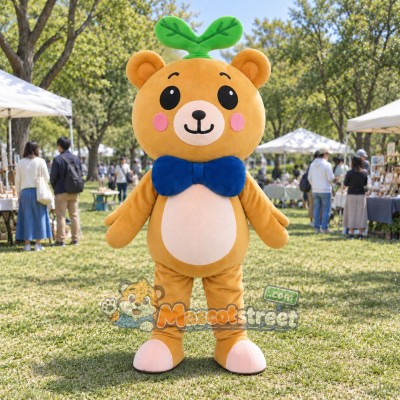 Tan Bear Mascot Costume with Blue Bow Tie Tan Bear Mascot Costume with Blue Bow Tie