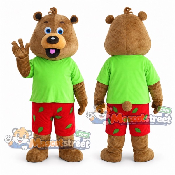 Brown Bear Mascot Costume with Green Shirt and Red Printed Shorts
