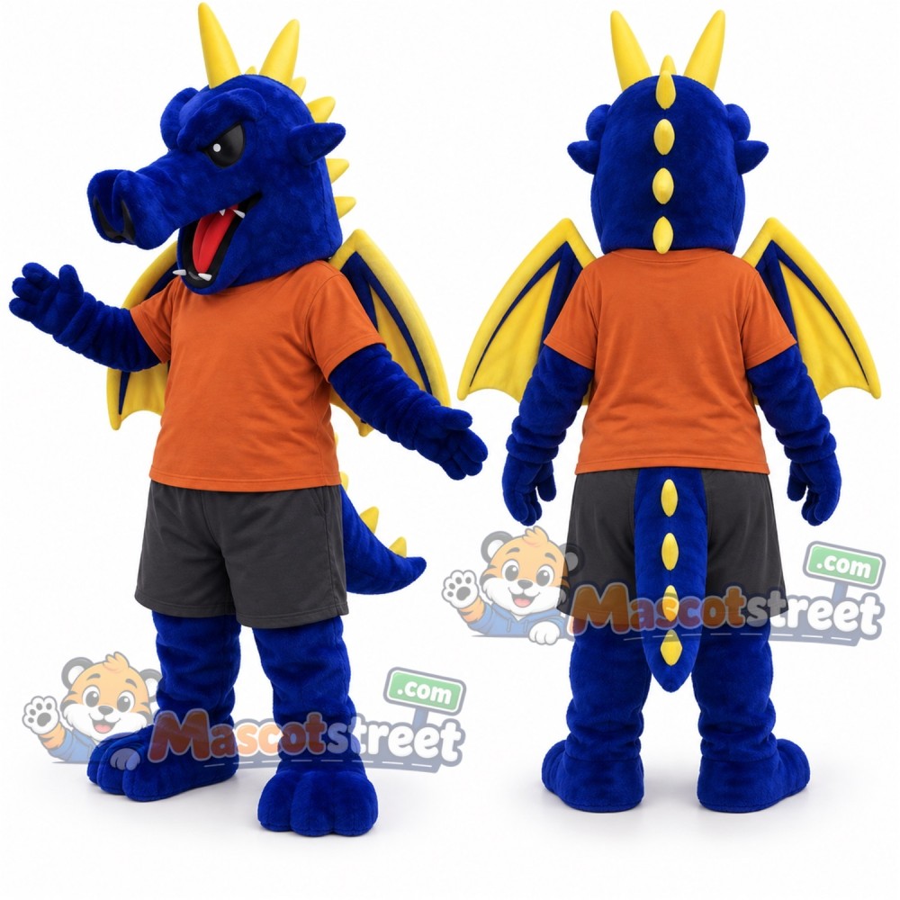 Blue Dragon Mascot Costume with Orange Shirt and Gray Shorts Blue Dragon Mascot Costume with Orange Shirt and Gray Shorts