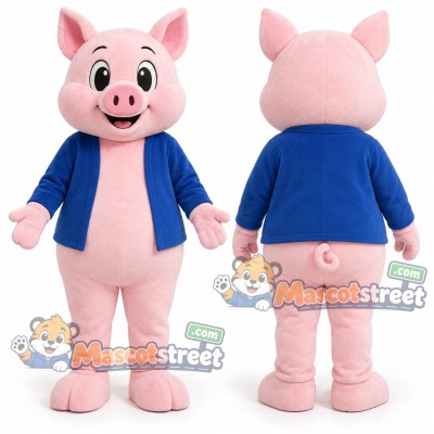 Pink Pig Mascot Costume with Blue Jacket