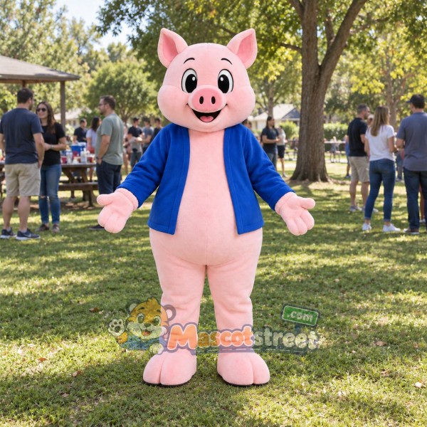Pink Pig Mascot Costume with Blue Jacket