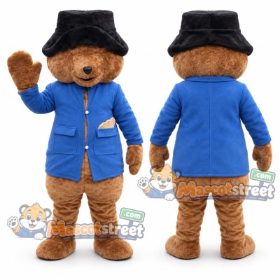 Brown Bear Mascot Costume with Blue Coat and Black Hat