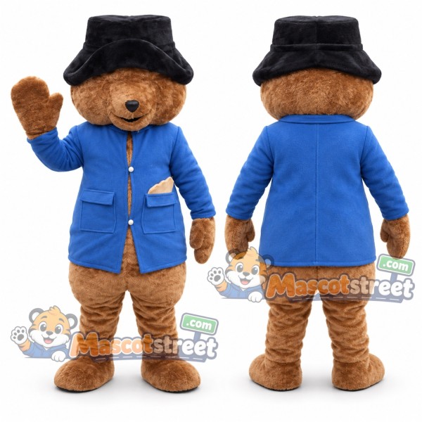 Brown Bear Mascot Costume with Blue Coat and Black Hat