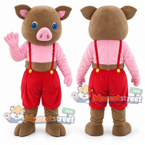 Brown and Pink Pig Mascot Costume with Red Suspender Shorts