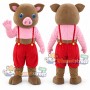 Brown and Pink Pig Mascot Costume with Red Suspender Shorts