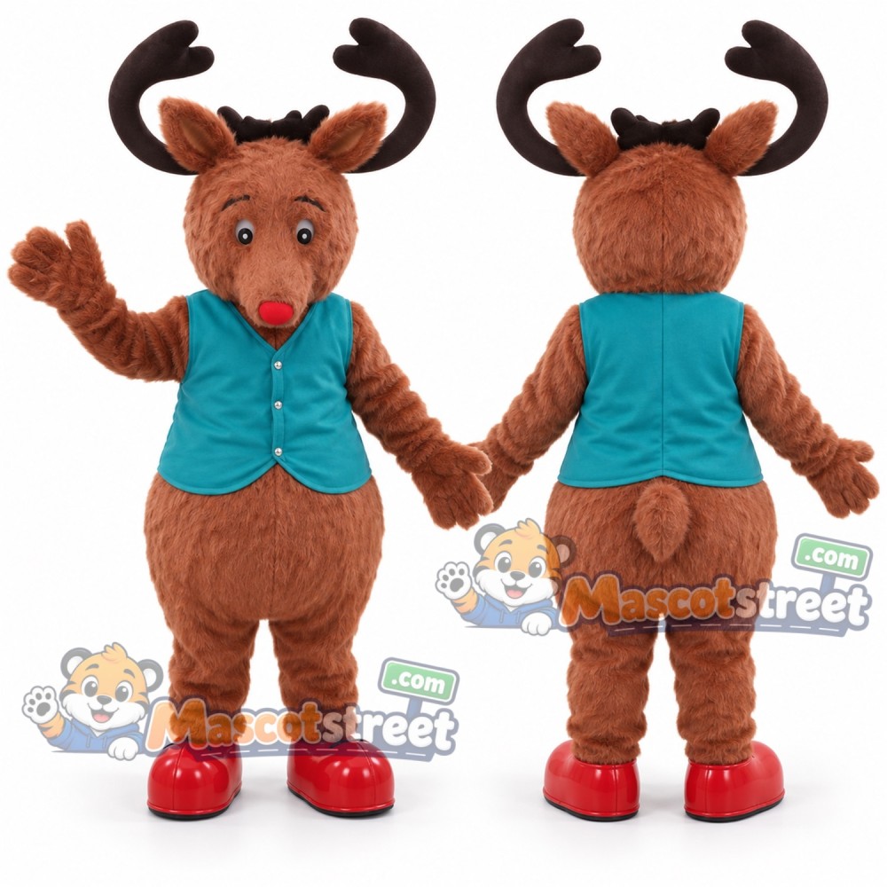 Brown Reindeer Mascot Costume with Teal Vest
