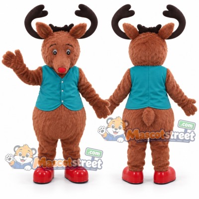 Brown Reindeer Mascot Costume with Teal Vest