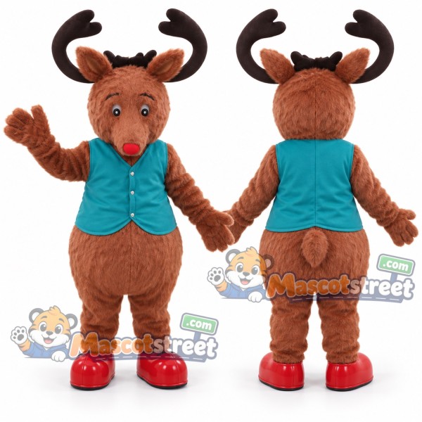 Brown Reindeer Mascot Costume with Teal Vest