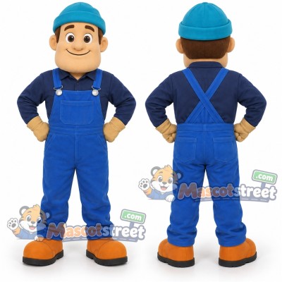 Worker Mascot Costume with Blue Overalls, Navy Shirt and Blue Cap Worker Mascot Costume with Blue Overalls, Navy Shirt and Blue Cap