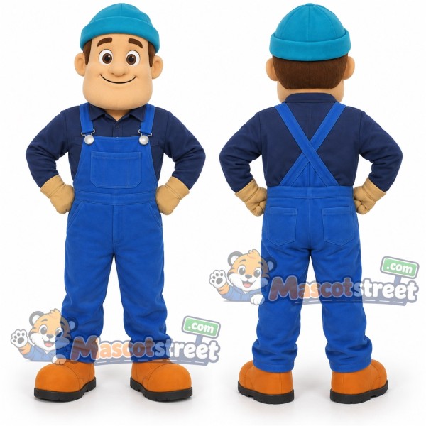 Worker Mascot Costume with Blue Overalls, Navy Shirt and Blue Cap