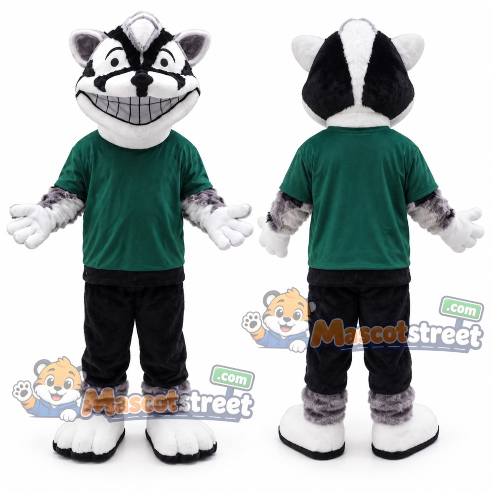 Black and White Badger Mascot Costume with Green Shirt and Black Pants Black and White Badger Mascot Costume with Green Shirt and Black Pants
