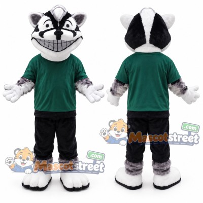 Black and White Badger Mascot Costume with Green Shirt and Black Pants Black and White Badger Mascot Costume with Green Shirt and Black Pants
