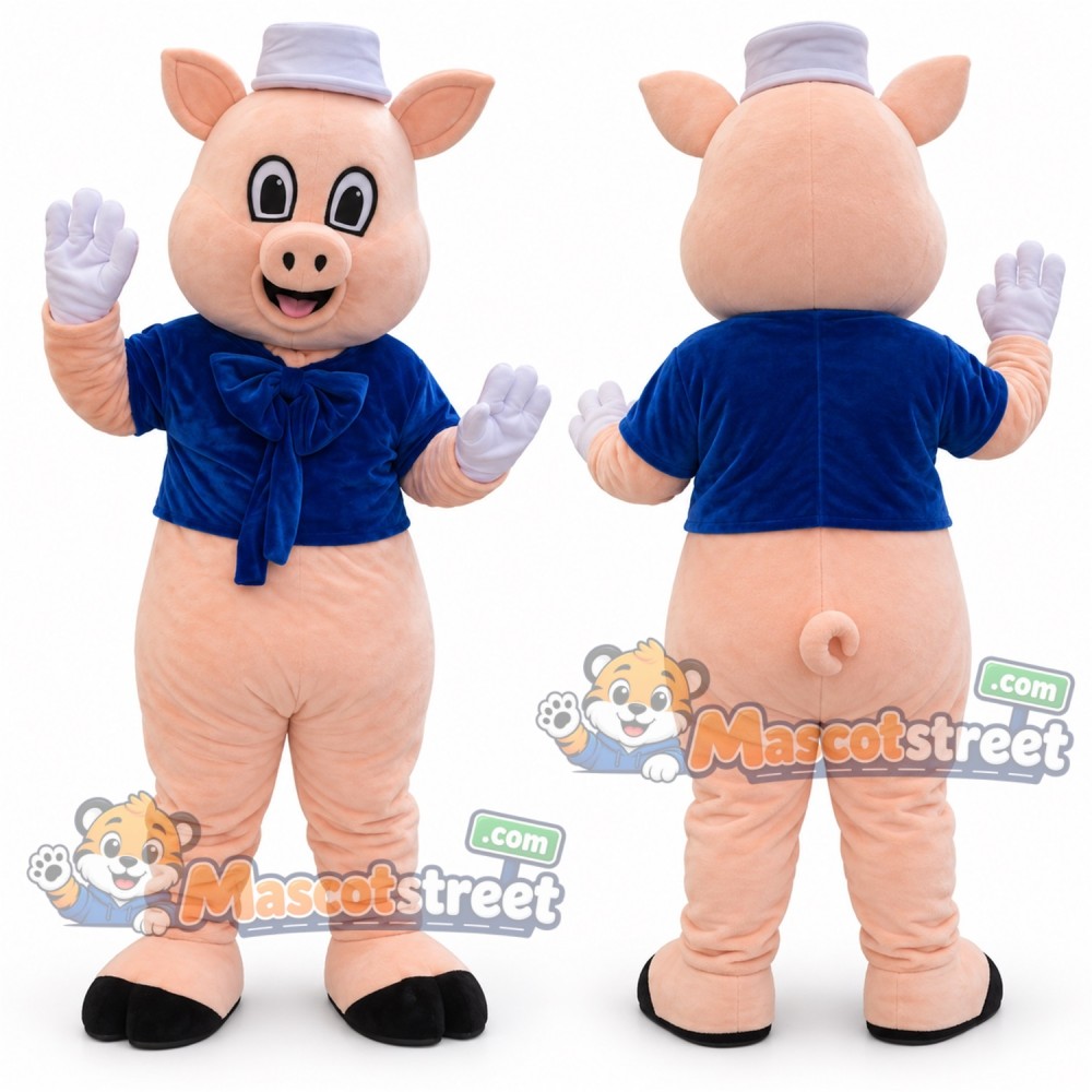 Pink Pig Mascot Costume with Blue Shirt Pink Pig Mascot Costume with Blue Shirt