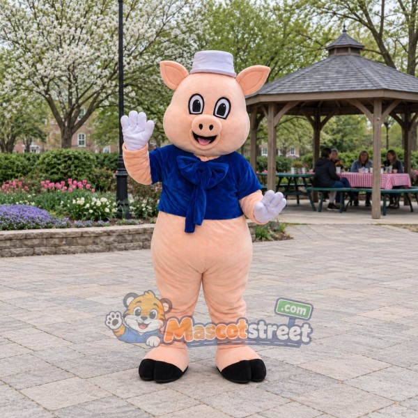 Pink Pig Mascot Costume with Blue Shirt