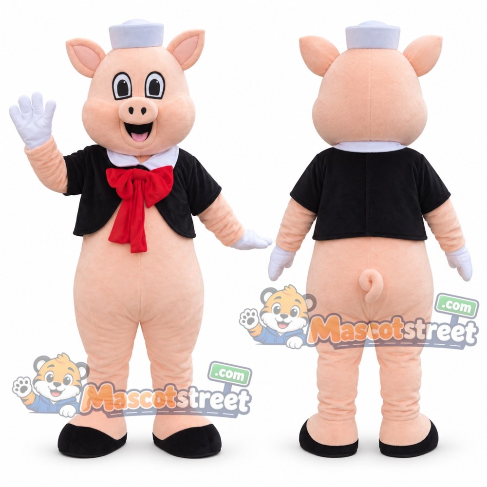 Pink Pig Mascot Costume with Black Shirt and Red Neckerchief