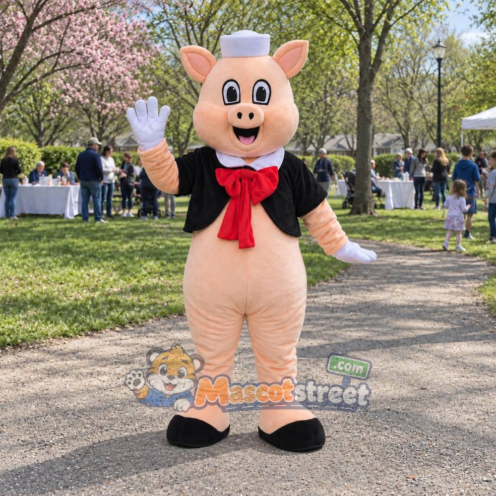 Pink Pig Mascot Costume with Black Shirt and Red Neckerchief
