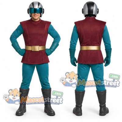 Knight Mascot Costume with Burgundy Tunic, Teal Pants and Helmet