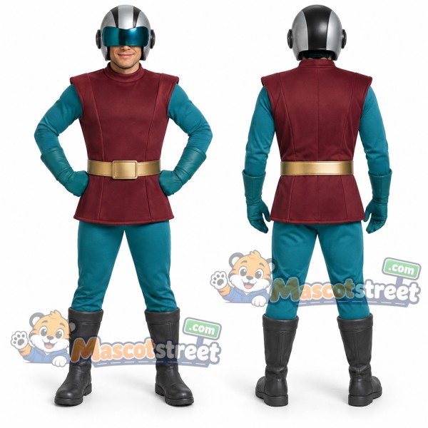 Knight Mascot Costume with Burgundy Tunic, Teal Pants and Helmet