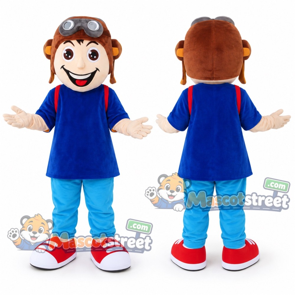 Pilot Boy Mascot Costume with Blue Shirt, Blue Pants and Aviator Cap Pilot Boy Mascot Costume with Blue Shirt, Blue Pants and Aviator Cap