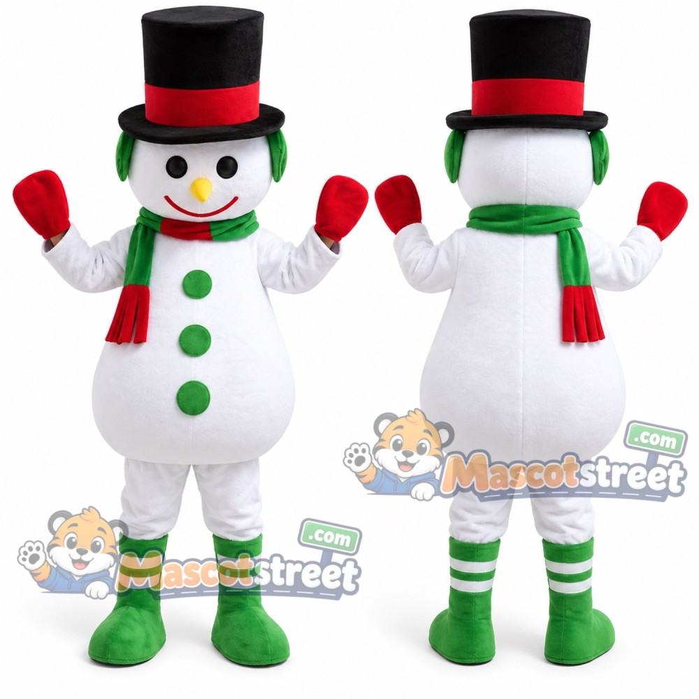 Snowman Mascot Costume with Black Top Hat and Green Striped Scarf