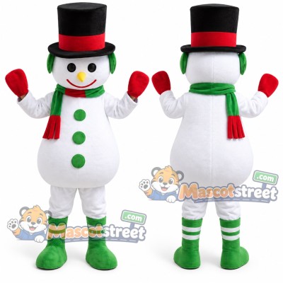 Snowman Mascot Costume with Black Top Hat and Green Striped Scarf